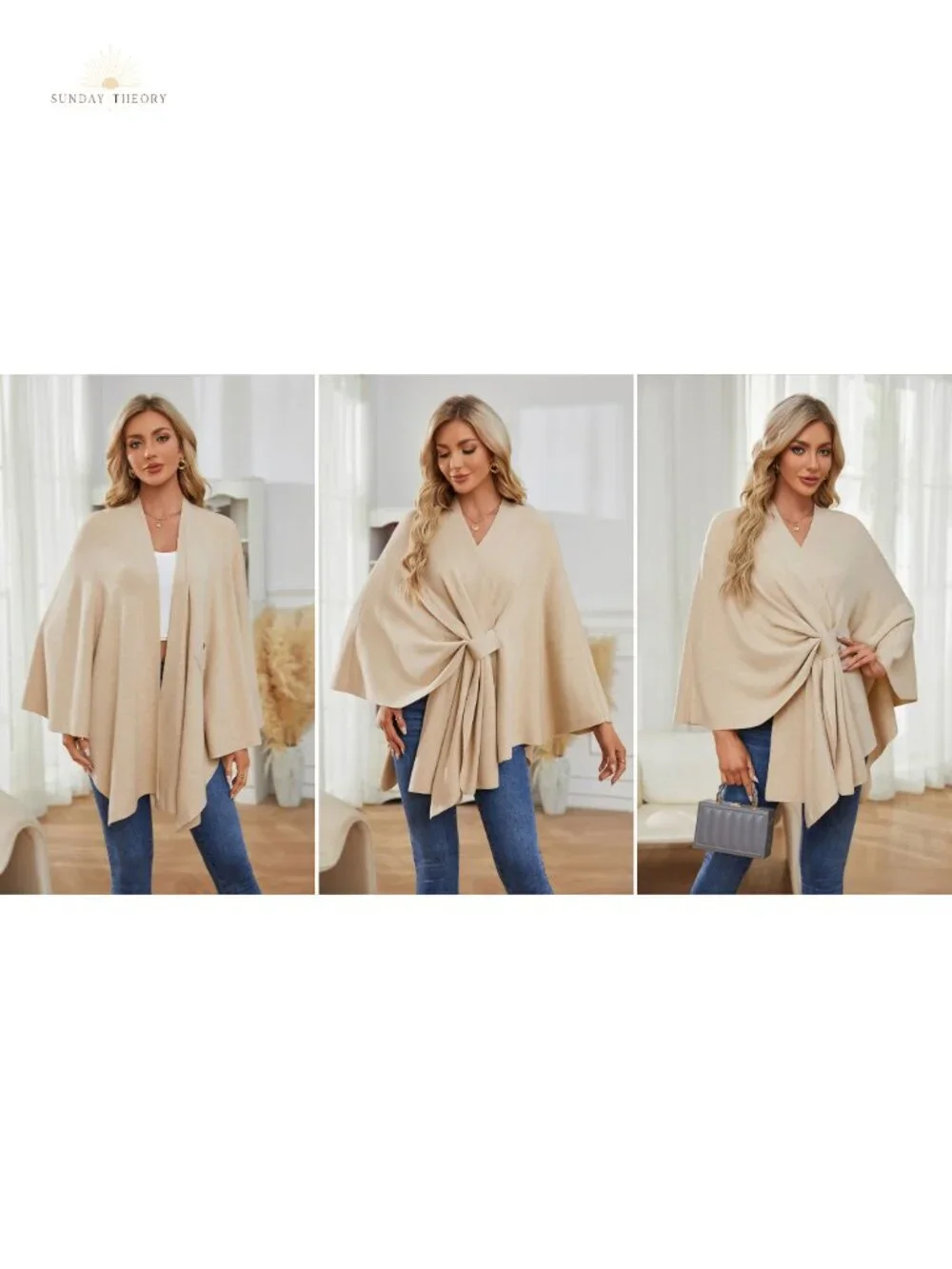 Elegant Shawl Wrap Open Front Poncho Sweater Soft Loop Tab Draped Cover Cardigan